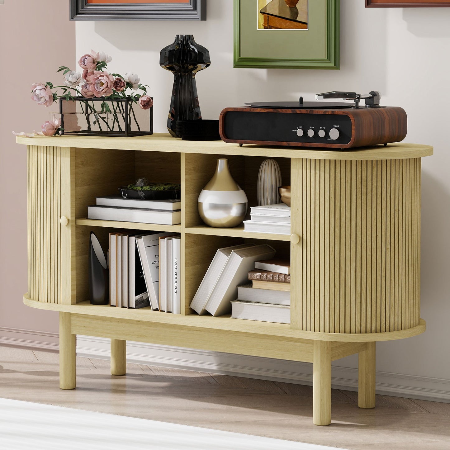 Dressoir – Sideboard – Opbergkast – Ladekast – Kast – Natuurlijk Hout – Verstelbare Planken – Pinehouten Poten – 138 cm Breed