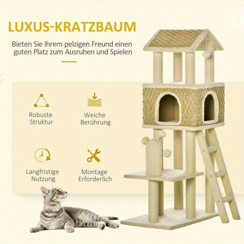 Krabpaal – Kattenboom – Kattenhuis – Kattenklimtoren – Kattenmeubel – 130 cm Hoog – Stevig Spaanplaat – Ruimtebesparend Ontwerp – Beige/Kaki