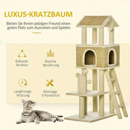 Krabpaal – Kattenboom – Kattenhuis – Kattenklimtoren – Kattenmeubel – 130 cm Hoog – Stevig Spaanplaat – Ruimtebesparend Ontwerp – Beige/Kaki