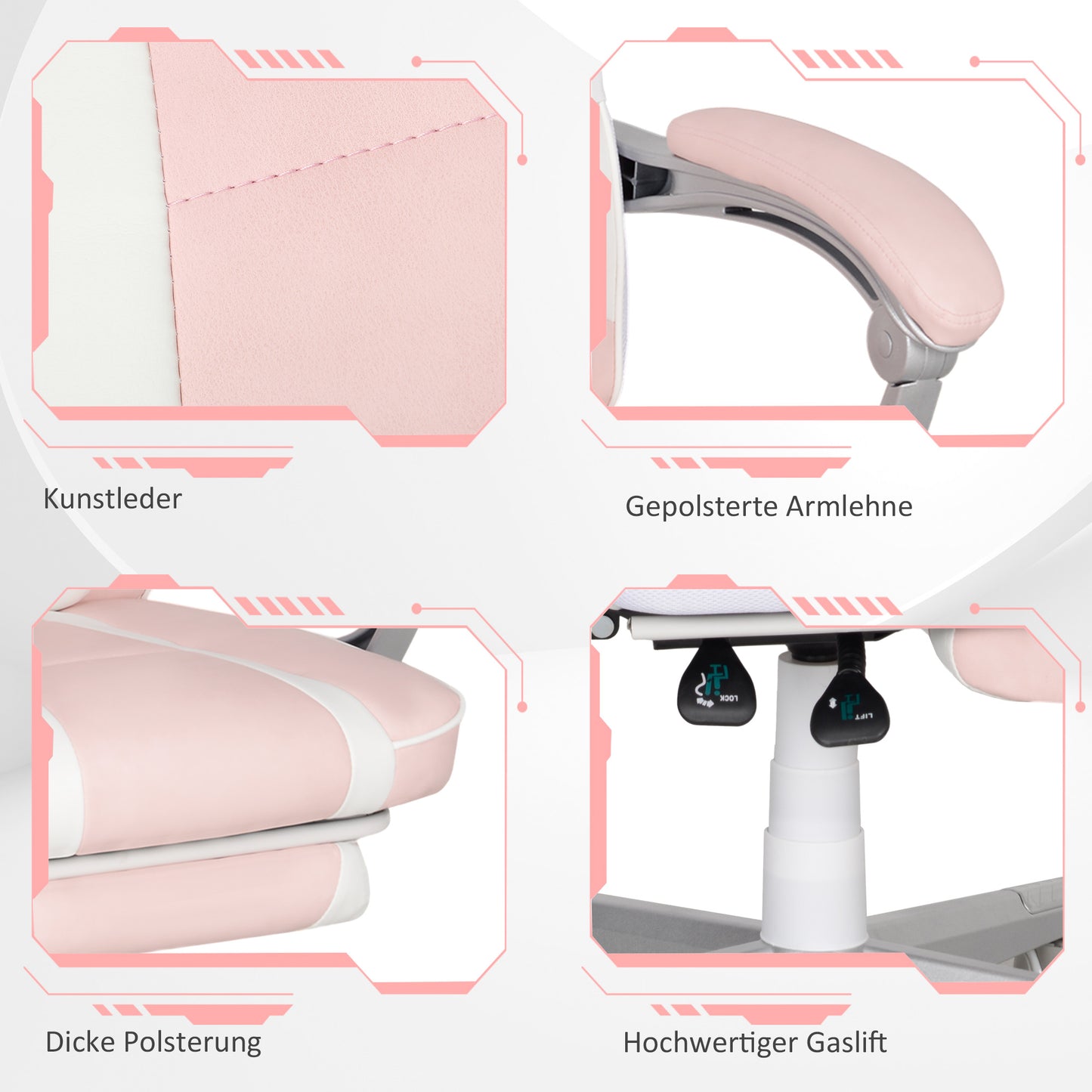 Gamingstoel – Game Stoel – Bureaustoel – Gamelounge Stoel – Draaistoel – Roze Kunstleer – Verstelbare Hoogte 48-55,5 cm – Kantelbare Rugleuning tot 150° met Voetensteun