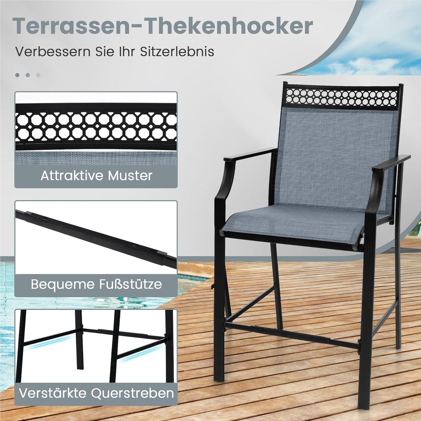 Tuinstoelen – Terrastoelen – Balkontoelen – Buitenstoelen – Barstoelen – Sneldrogende Zitting – Stevig Metalen Frame – Blauw – Set van 2 – Draagkracht 180 kg