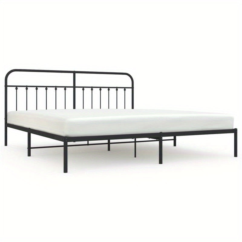 Modern Black Metal Bed Frame with Headboard, 193x203cm, Powder-Coated Steel for Strength & Stability, Minimalist Design for Contemporary Bedrooms