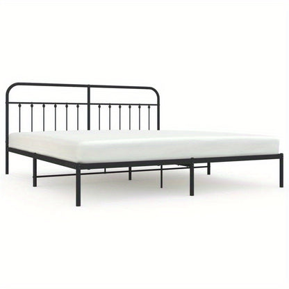 Modern Black Metal Bed Frame with Headboard, 193x203cm, Powder-Coated Steel for Strength & Stability, Minimalist Design for Contemporary Bedrooms