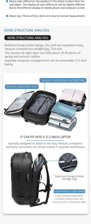 Vacuum Rugzak Handtas - Compressie - Met laptopvak - Met anti-diefstalslot - 57 tot 75 liter - 33 cm x 15 cm x 48 cm - Zwart