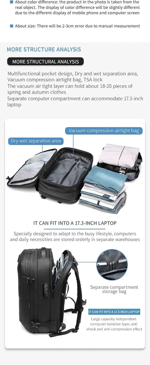 Vacuum Rugzak Handtas - Compressie - Met laptopvak - Met anti-diefstalslot - 57 tot 75 liter - 33 cm x 15 cm x 48 cm - Zwart