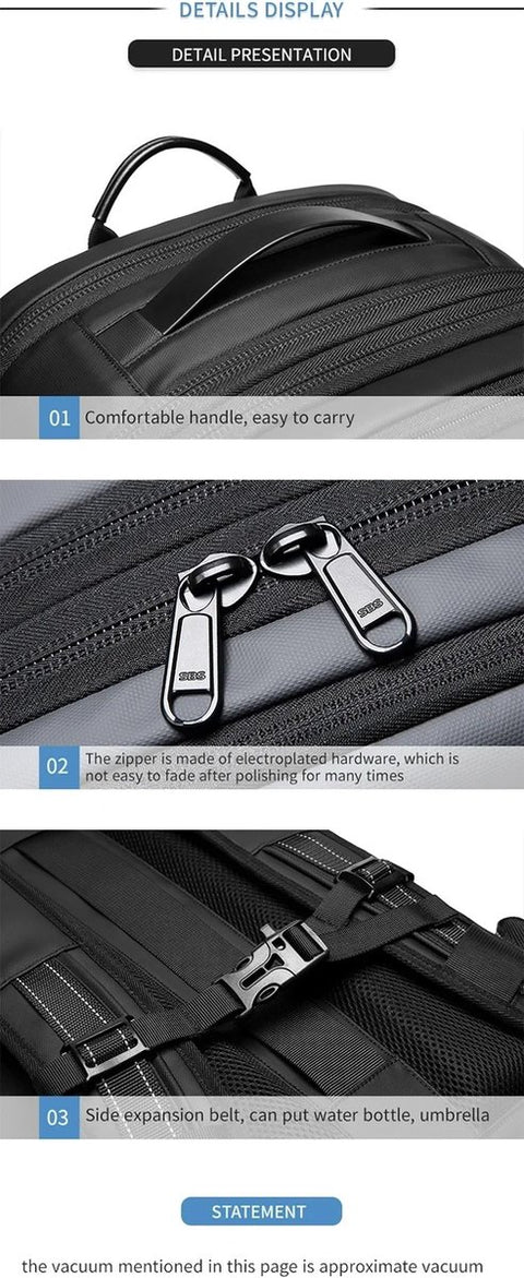 Vacuum Rugzak Handtas - Compressie - Met laptopvak - Met anti-diefstalslot - 57 tot 75 liter - 33 cm x 15 cm x 48 cm - Zwart