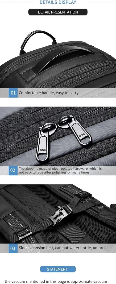 Vacuum Rugzak Handtas - Compressie - Met laptopvak - Met anti-diefstalslot - 57 tot 75 liter - 33 cm x 15 cm x 48 cm - Zwart