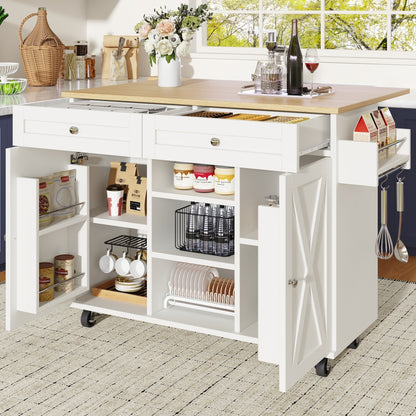 Modern White Wood Grain Kitchen Island with Dining Table, Multifunctional & Dining Cart - Easy Assembly Required, Space-Saving Heavy-Duty Furniture for small Kitchens, Apartments, Homes (Metal Frame)
