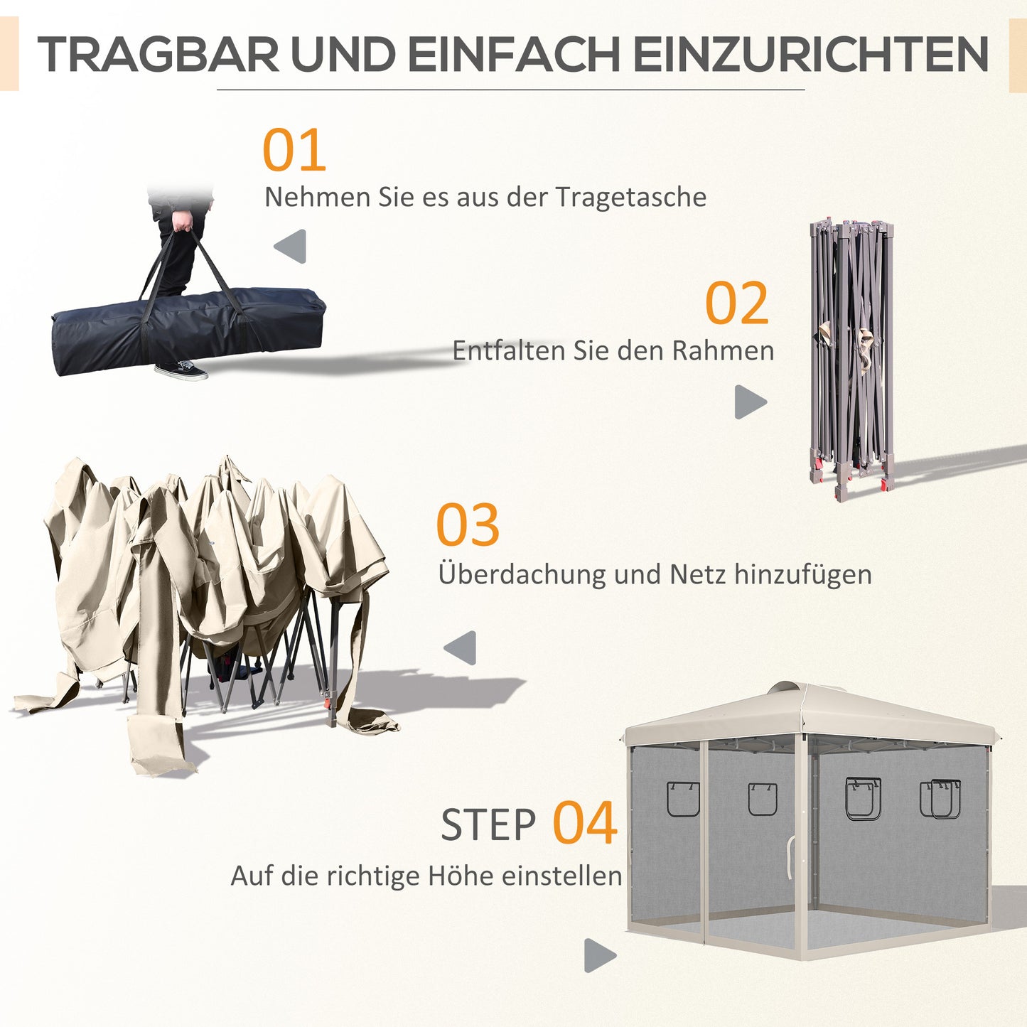 Inklapbaar Tuinpaviljoen – Vouwtent – Tuinkraam – Overkapping – Partytent – Hoogte Verstelbaar – Met Muskietennet – 3x3 Meter Beige