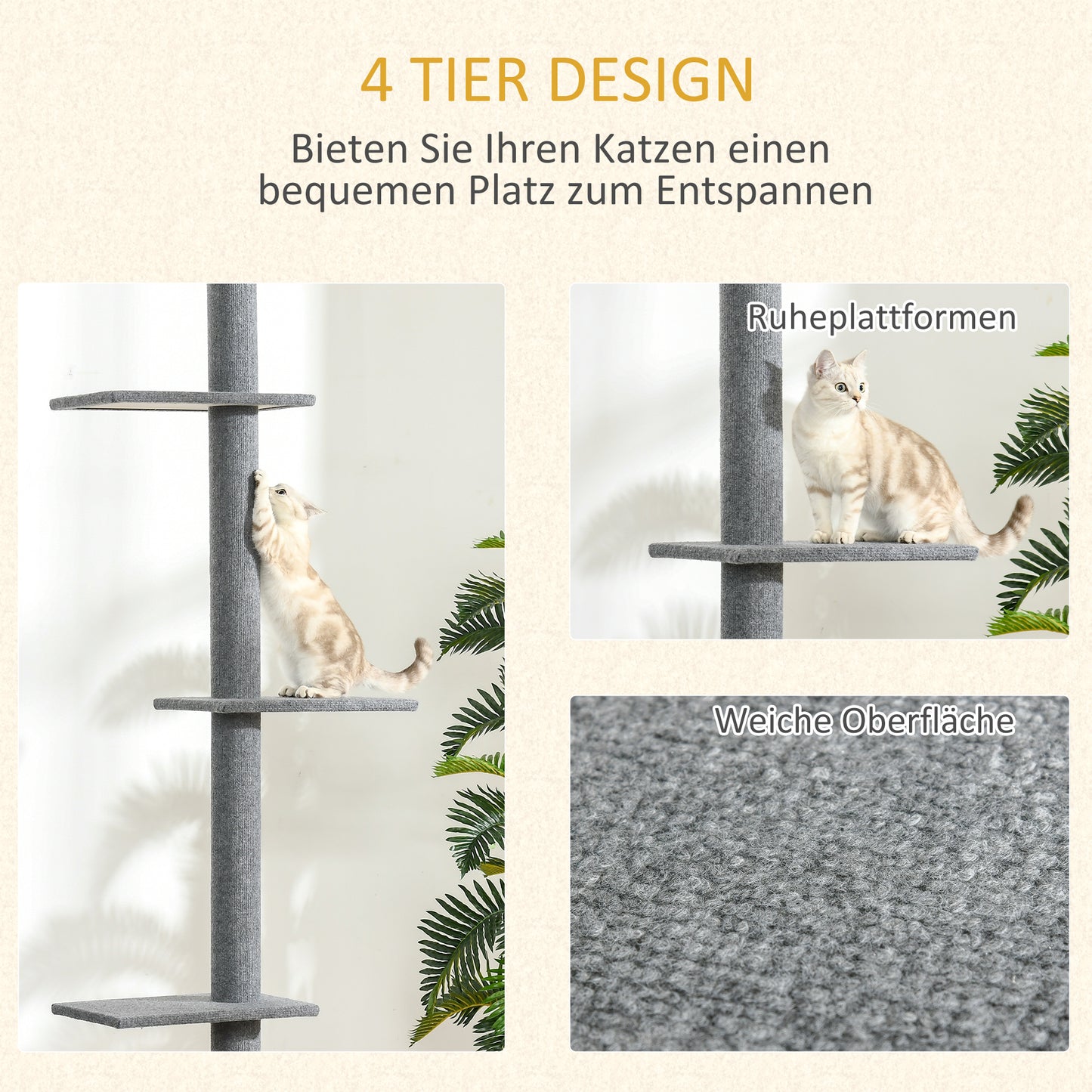 Krabpaal – Krabboom – Klimpaal – Kattenboom – Speelpaal – Grijs – Verstelbare Hoogte 228-260 cm – 4 Comfortabele Platforms