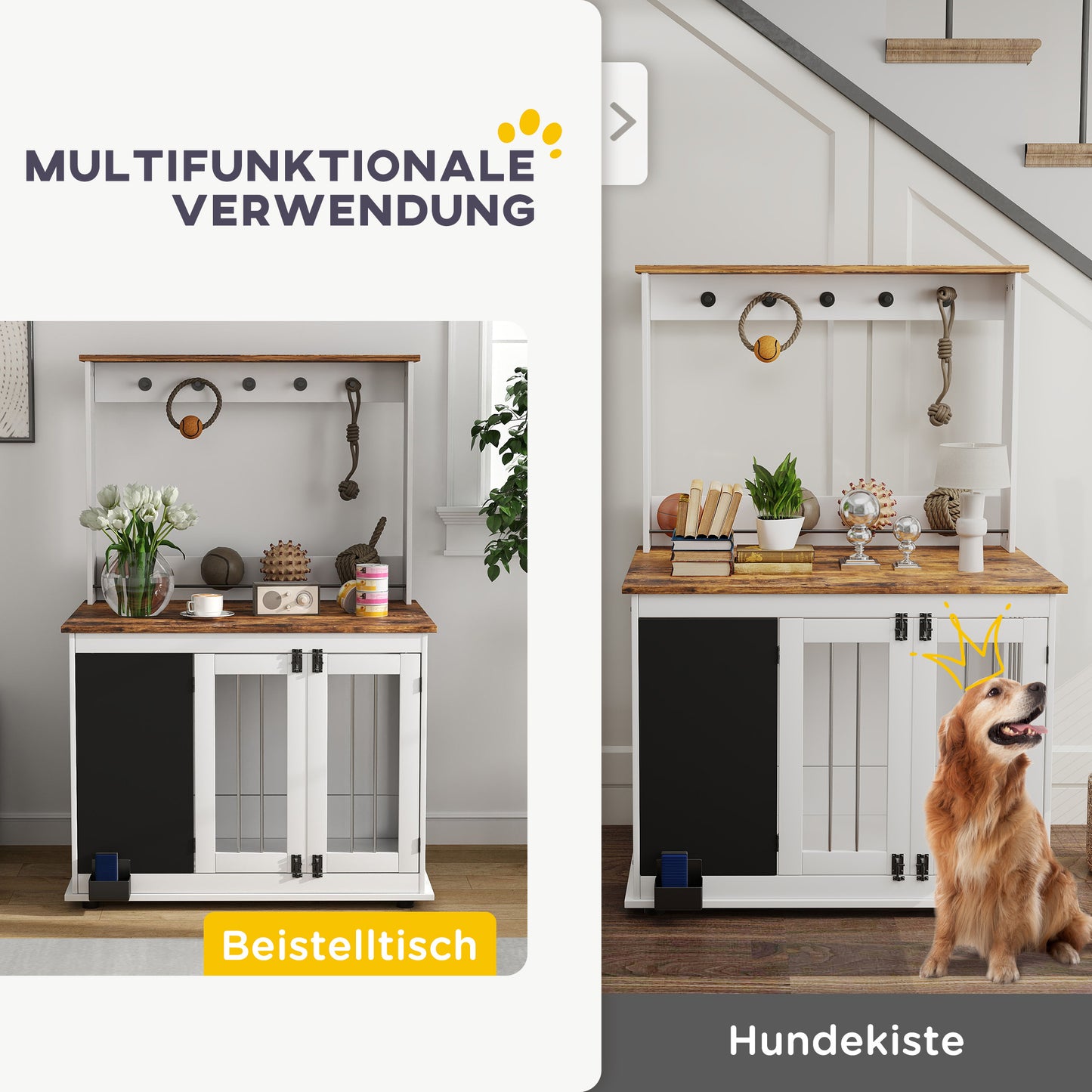 Hondenbench – Hondenkooi – Hondenhok – Doggy Kennel – Hondenren – Grote Hond Tot 30 kg – Opbergplank Met Speelplek – Wit