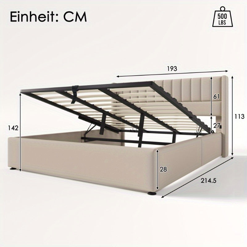 Opbergbed – Opbergbed Met Hydraulische Lift – Bed Met Opbergruimte – Gestoffeerd Bed – Slaapbed – 180x200 cm – Stevig Metalen Frame – Beige Linnen Bekleding
