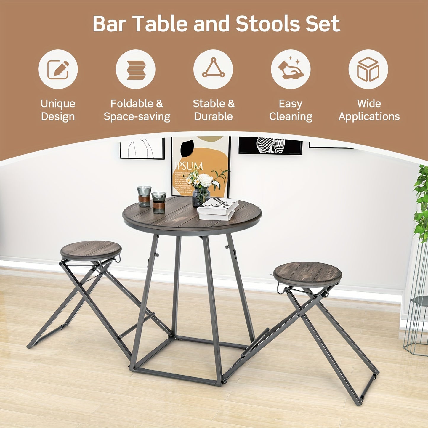 Industriële Eettafelset – Ronde Eettafel – Inklapbare Krukken – Compacte Tafel – Moderne Zitset – Space-Saving Design – Heavy-Duty Metalen Frame – MDF Tafelblad