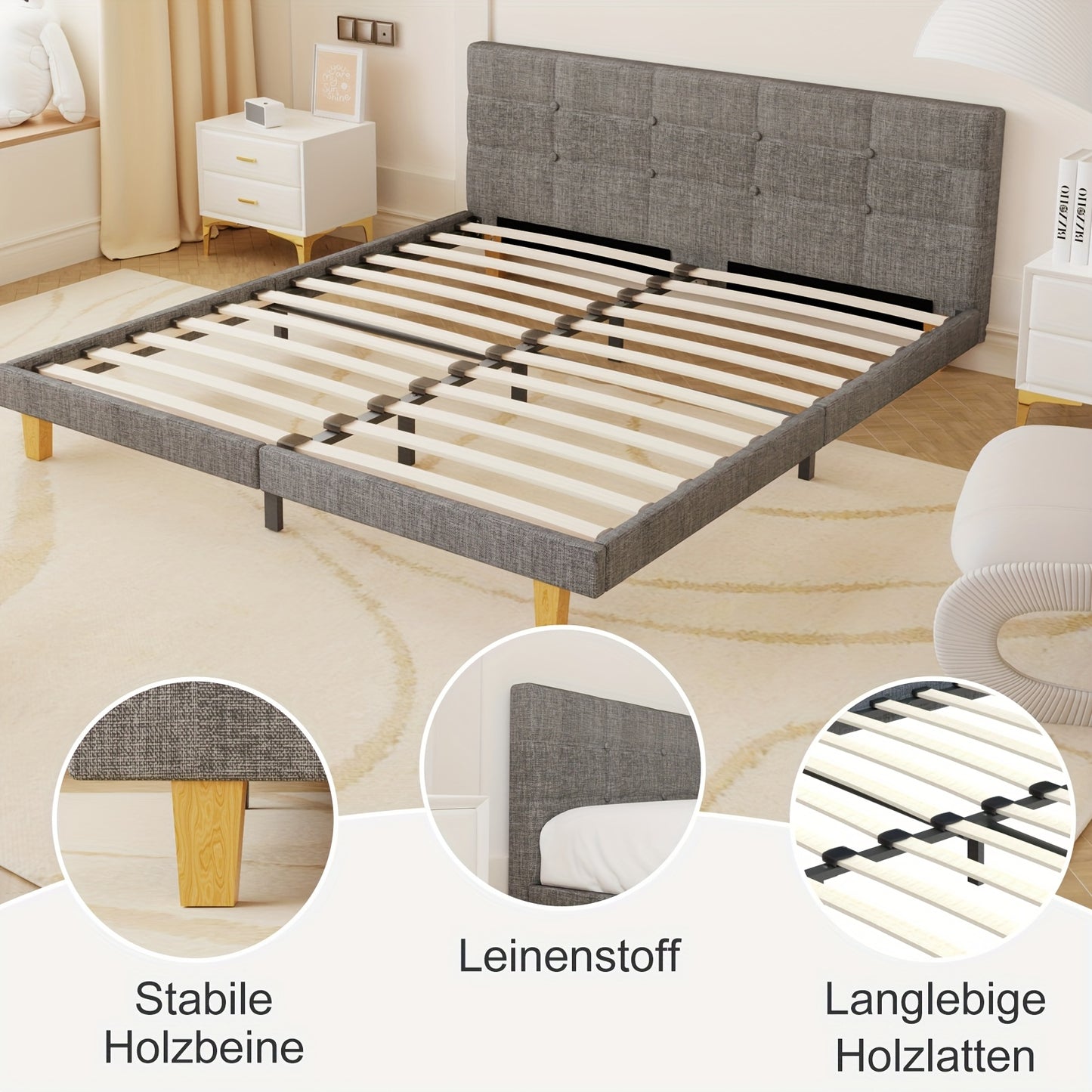 Tweepersoonsbed – Gestoffeerd Bed – 1 Persoonsbed – Logeerbed – Slaapbed – 90x200 cm – Met Stabiel Metalen Frame – Geluidsloze Stevige Lattenbodem