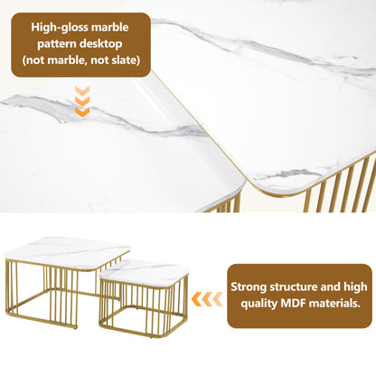 Salontafel – Bijzettafel – Woonkamertafel – Koffietafel – Nesting Tables – Hoogglans Marmerlook – Gouden Metalen Poten – Set van 2 – 70x70x45 cm & 50x50x36,5 cm
