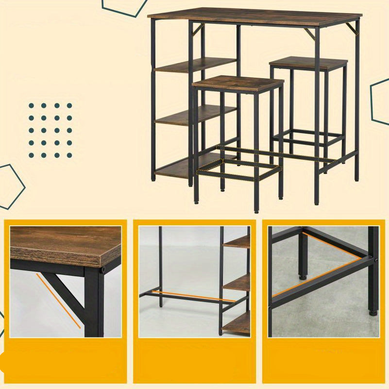 3-delige Tafelset – Eettafelset – Keukentafel – Barkrukken Set – Tafel Met Opbergruimte – Rustiek Bruin En Zwart – Compact Formaat 109x60x100 cm – Stevig Spaanplaat En Stalen Frame
