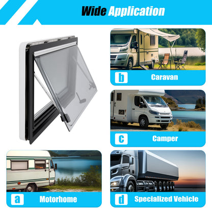 Ventilatieraam Camper – Camperraam – Caravanraam – Busraam – Buscamperraam – 900x500 mm – Insectenscherm & Vergrendeling – Stevig Aluminium Frame