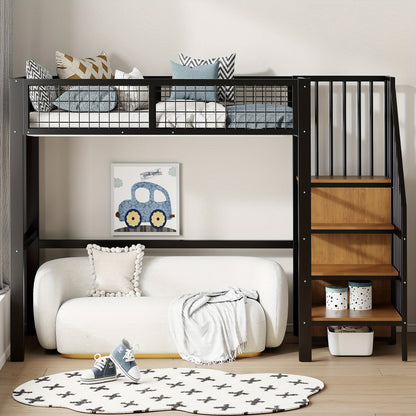 90*200 Loft Bed With Ladder With Iron And Storage Shelves
