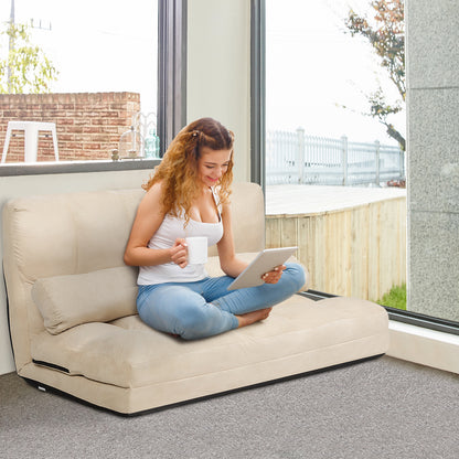 Lazy Sofa Bed – Vloerbank – Slaapbank – Loungestoel – Opvouwbare Sofa – Beige – 5-Standen Verstelbare Rugleuning – Inclusief 2 Kussens