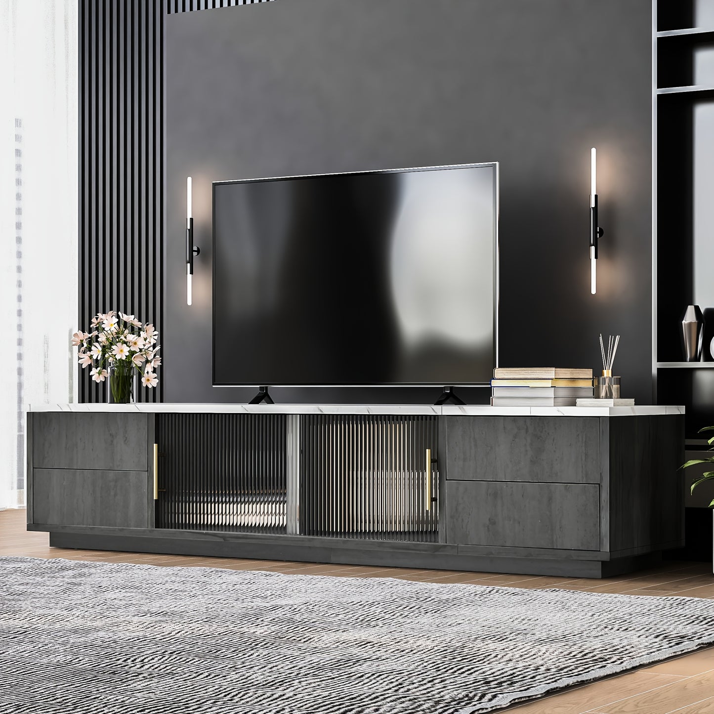 Tv-Meubel – Tv-Kast – Mediamöbel – Opbergkast – Kastje – Notenkleur Walnut – Golvende Deuren – Ruime Opbergruimte – Bamboe Materiaal – Zwarte Metalen Poten