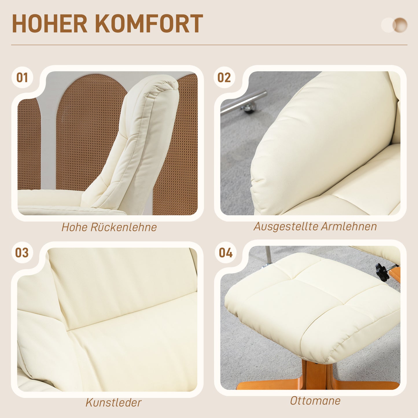 Relaxfauteuil – Relaxstoel – Stoel Met Voetenbank – Loungefauteuil – Fauteuil Crèmewit – Verstelbare Rugleuning – Kunstleer, Draagkracht 150 kg