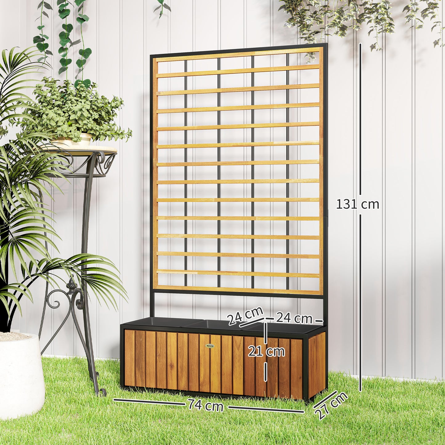 Verhoogde Plantenbak – Tuinbak – Bloembak – Plantenbak Met Klimrek – Balkonbak – Acaciahout En Staal – Drie Plantenvakken Met Drainage – Verstelbare Voeten 74x27x131 cm Teak