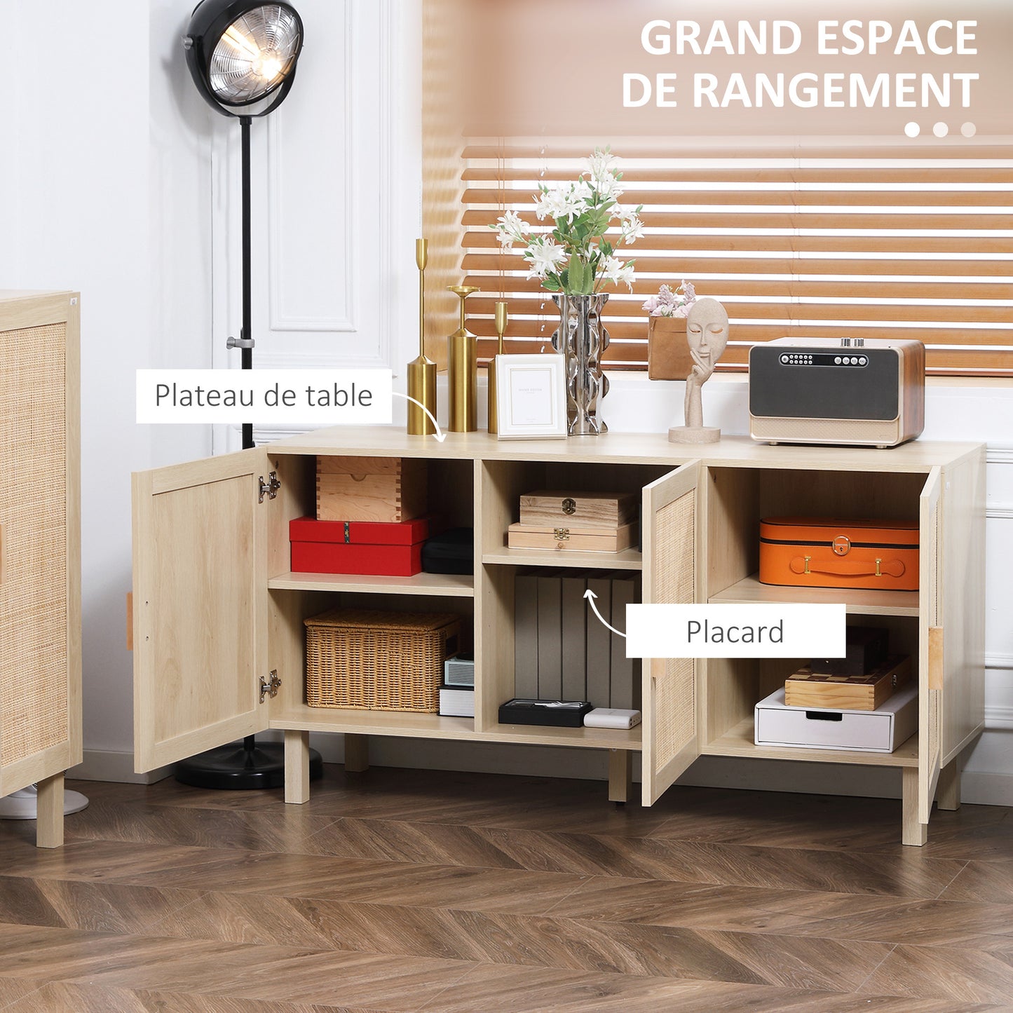 Dressoir – Opbergkast – Buffetkast – Ladekast – Kast – Bohemien Stijl – Hout Met Gevlochten Rieten Deuren – 136x41x70 cm – Verstelbare Planken