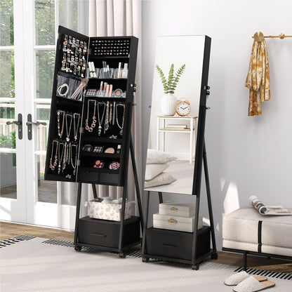 Sieradencabinet – Sieradenkast – Spiegelkast – Make-upkast – Opbergkast – Vrijstaand – Met Slot – Mobiel Met Wieltjes – Zwart – MDF Met Metaal – 42x38x157 cm