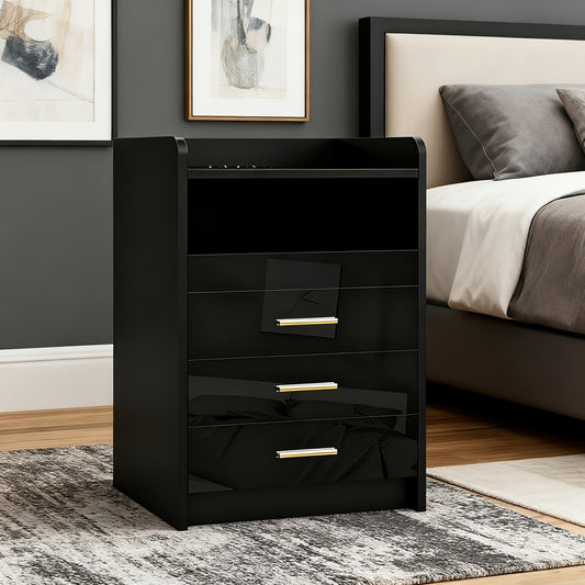 Zwarte Moderne Nachtkast – Zwaar Belastbaar, 3 Lades en Open Plank – Compacte Smalle Kast voor Kleine Ruimtes met Gouden Knoppen, Houten Look Bovenblad, Eenvoudige Montage