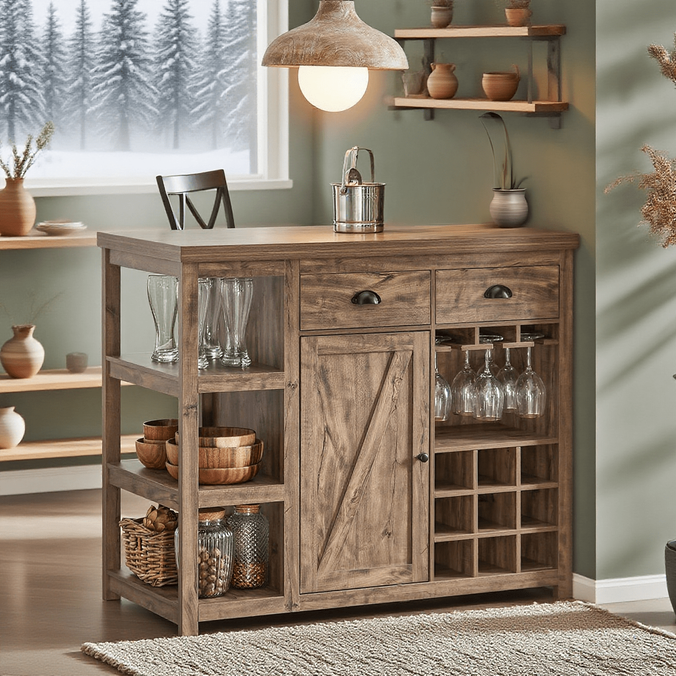 Keukeneiland – Keukenkast – Buffetkast – Keukenwagen – Serveerwagen – Houtlook MDF – Wijnrek voor 9 flessen en 6 glazen