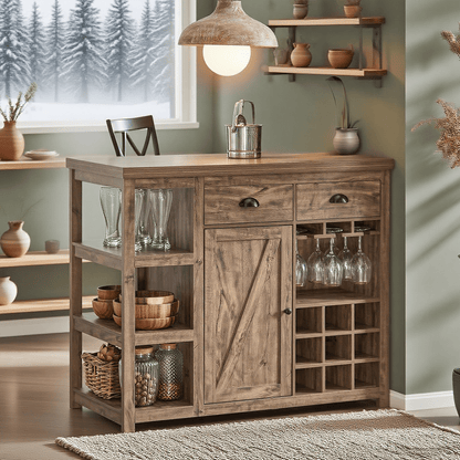 Keukeneiland – Keukenkast – Buffetkast – Keukenwagen – Serveerwagen – Houtlook MDF – Wijnrek voor 9 flessen en 6 glazen
