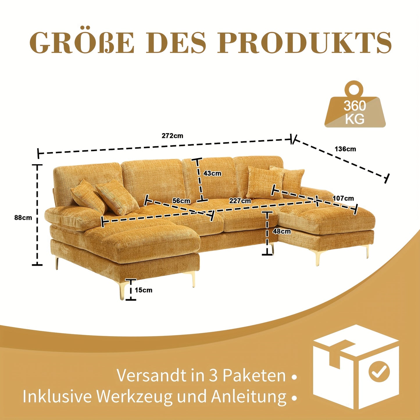 Hoekbank – U-Vormige Bank – Sectiebank – Loungebank – Slaapbank – Gele Chenille Stof – Dubbele Relaxfunctie – Stijlvol Modern Design