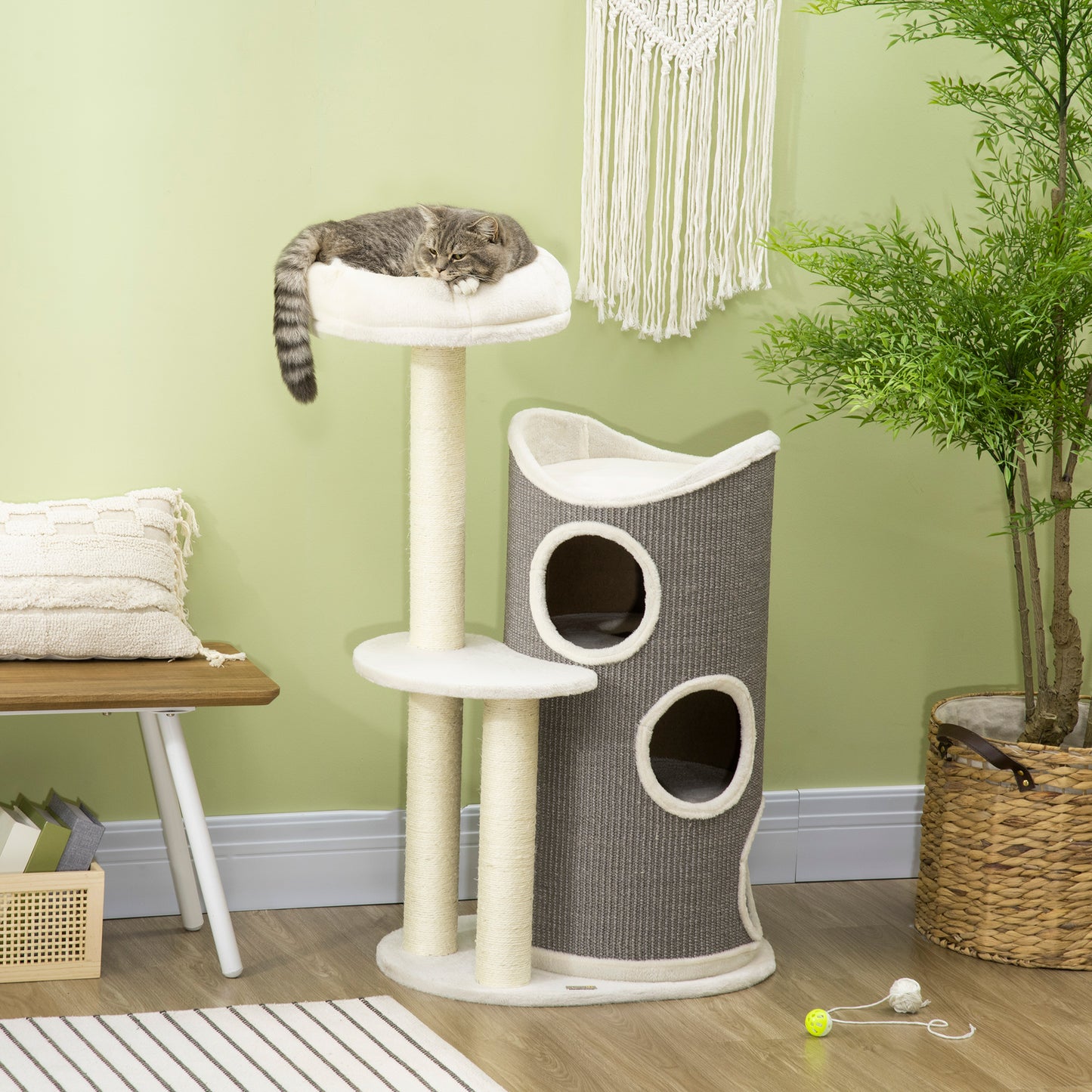 Krabpaal – Krabton – Krabmeubel – Kattenbed – Krabpaal met Slaapplek – Duurzaam Sisal – Ruimtebesparend Ontwerp – Grijs/Naturel/Wit