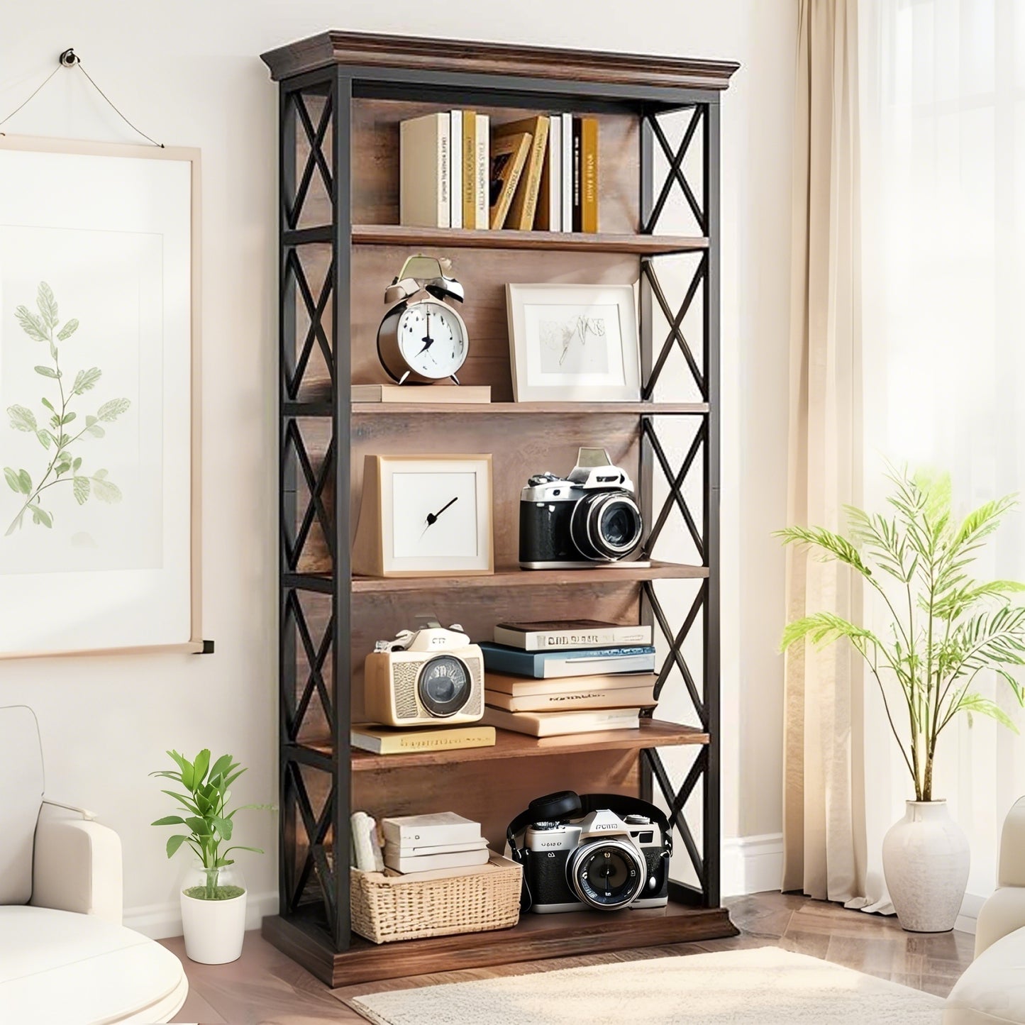 Boekenkast – Boekenrek – Vakkenkast – Opbergkast – Stellingkast – Industrieel Design – 6 Lagen – Hout & Metaal – Ruimtebesparend – Stevig & Duurzaam