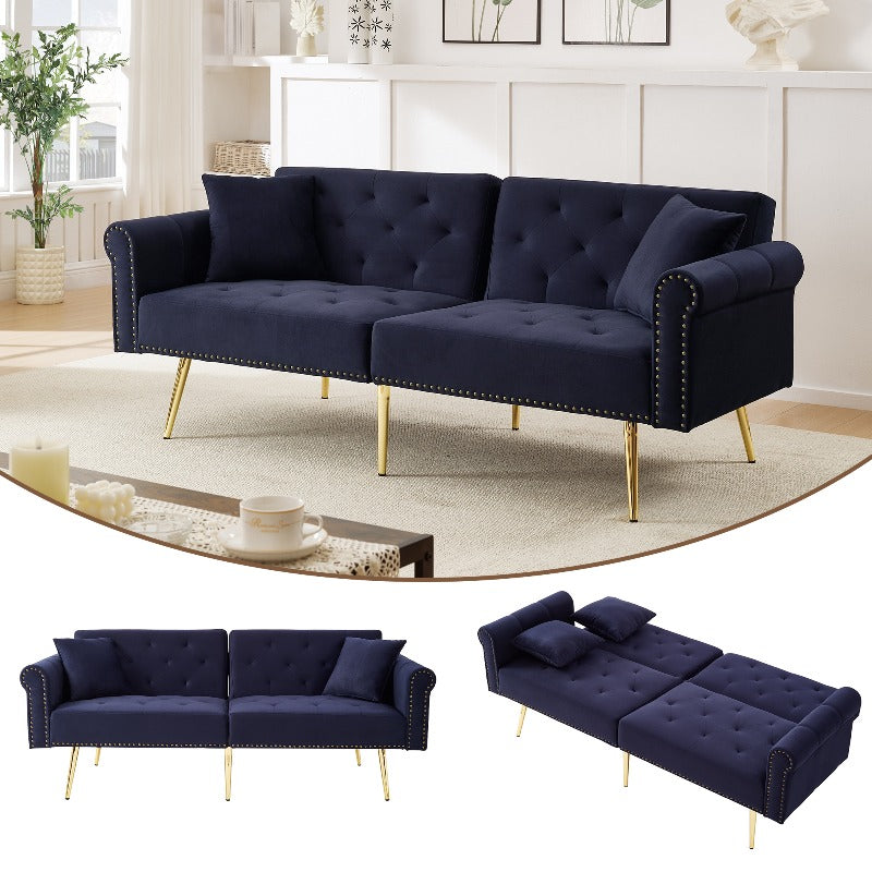 Sofa Bed – Slaapbank – Logeerbank – Bedbank – 2-Zits Bank – Fluwelen Navy Blauw/Zwart – 3-Standen Verstelbare Rugleuning – Ruimtebesparend Compact Design