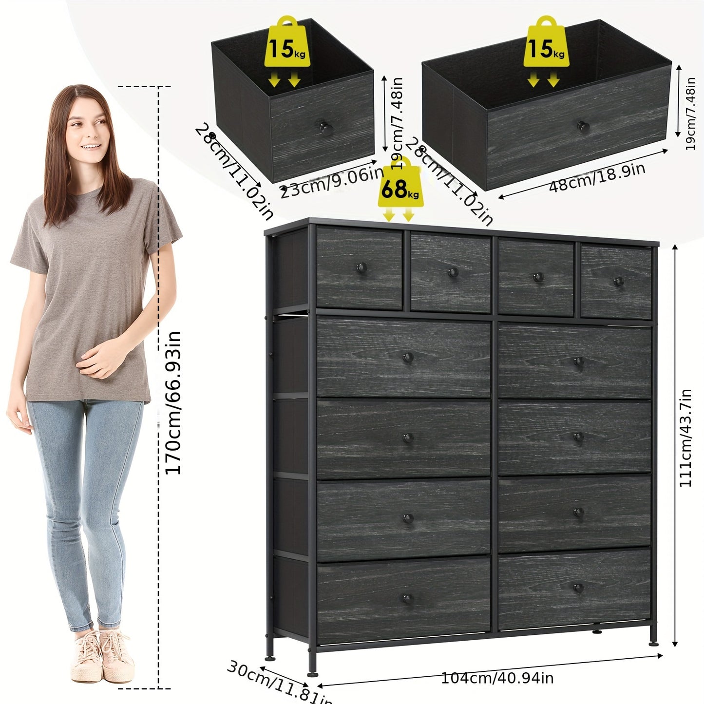 Sideboard – Dressoir – Ladekast – Commode – Opbergkast – Zwart – 12 Stoffen Laden – Stevig Hout en Metaal