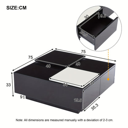 Salontafel – Koffietafel – Tafel – Bijzettafel – Opbergtafel – Zwart Hoogglans Met Wit Uitschuifbaar Blad – Duurzaam Hardhout – Compact Ontwerp Voor Kleine Ruimtes