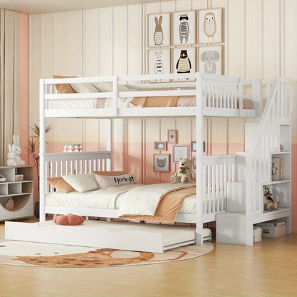Hoogslaper – Stapelbed – Kinderbed – Eenpersoonsbed – Bed met onderschuifbed – 140x200 cm – Met trap en opbergrekken – Veiligheidsleuningen – EN747-1 gecertificeerd