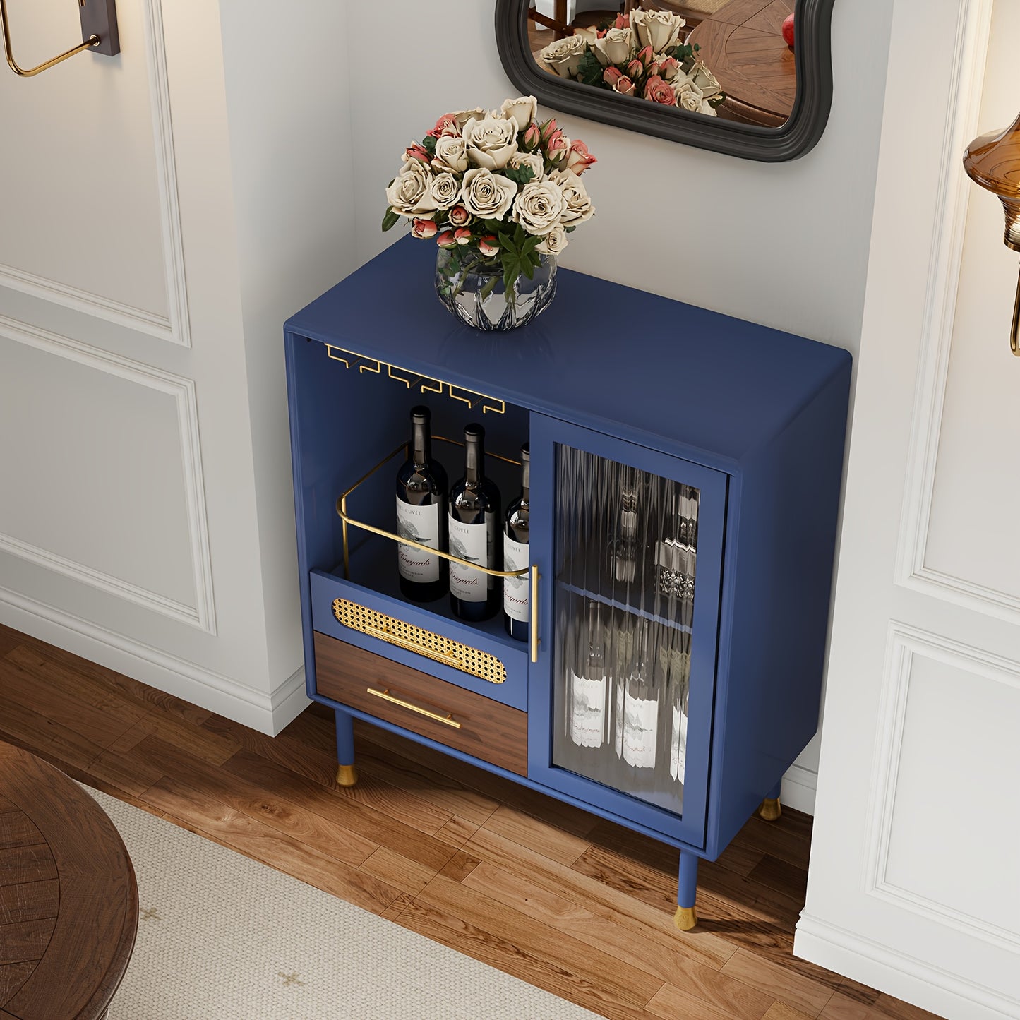 Wijnkast – Dressoir – Sidetable – Opbergmeubel – Vintage Sideboard – Blauw – Hoogwaardige MDF Constructie – Met Deur, Lades En Wijnrek