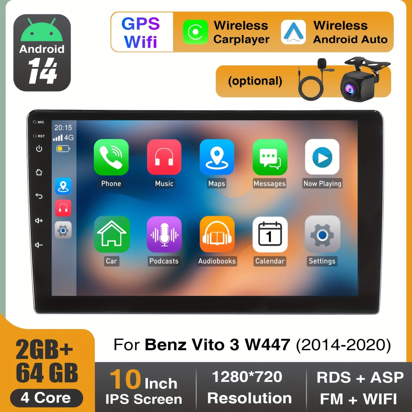 Android 14 Car Stereo – Autostereo – Multimedia Systeem – Autoradio – Navigatiesysteem – Met Microfoon & Camera – 10,1 Inch HD IPS Touchscreen – Wireless CarPlay & Android Auto