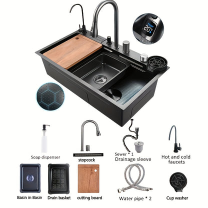 RVS Keukenset – Gootsteen – Spoelbak – Aanrechtblad – Werkstation – Touchgevoelige Watervalkraan – Zelfrandend Design – Rechtse Afvoer – Polished 304 Roestvrij Staal – Inclusief Snijplank en Bekerspoeler