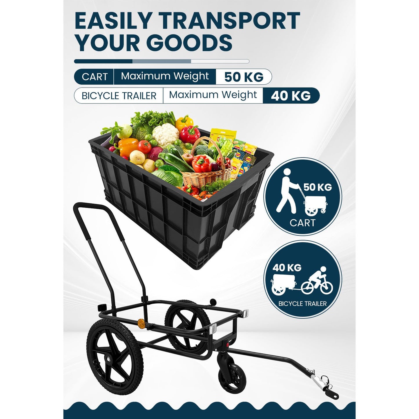2-in-1 Bike Cargo Trailer, Bicycle Trailer, Hand Cart with Push Bar, Iron Frame with 40cm Air Tires, 40kg Load Capacity, Black, Outdoor Hauling, Cargo Transport, Compact Design, Lightweight Trailer, Reinforced Build, Bike Hau