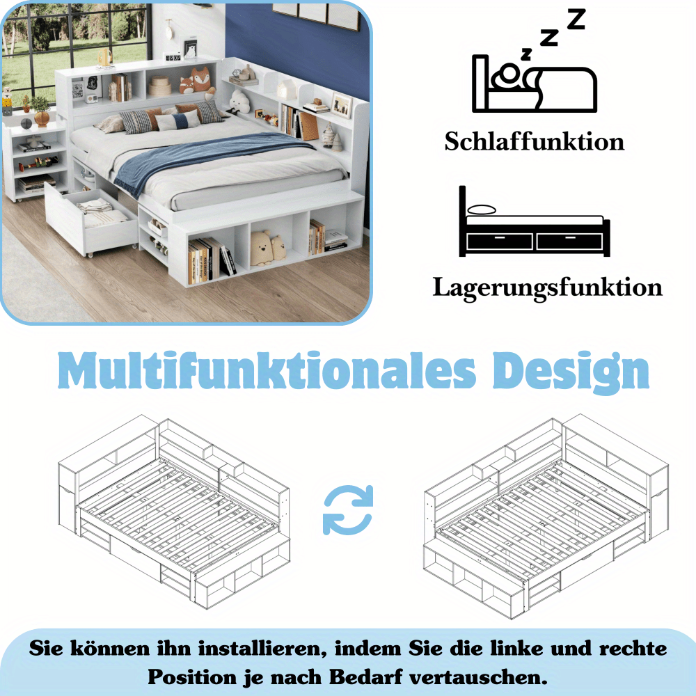 Bedbank – Slaapbank – Logeerbed – Eenpersoonsbed – Multifunctioneel – Ruime Opbergladen – Boekenplank – Lattenbodem – 140x200 cm – Wit