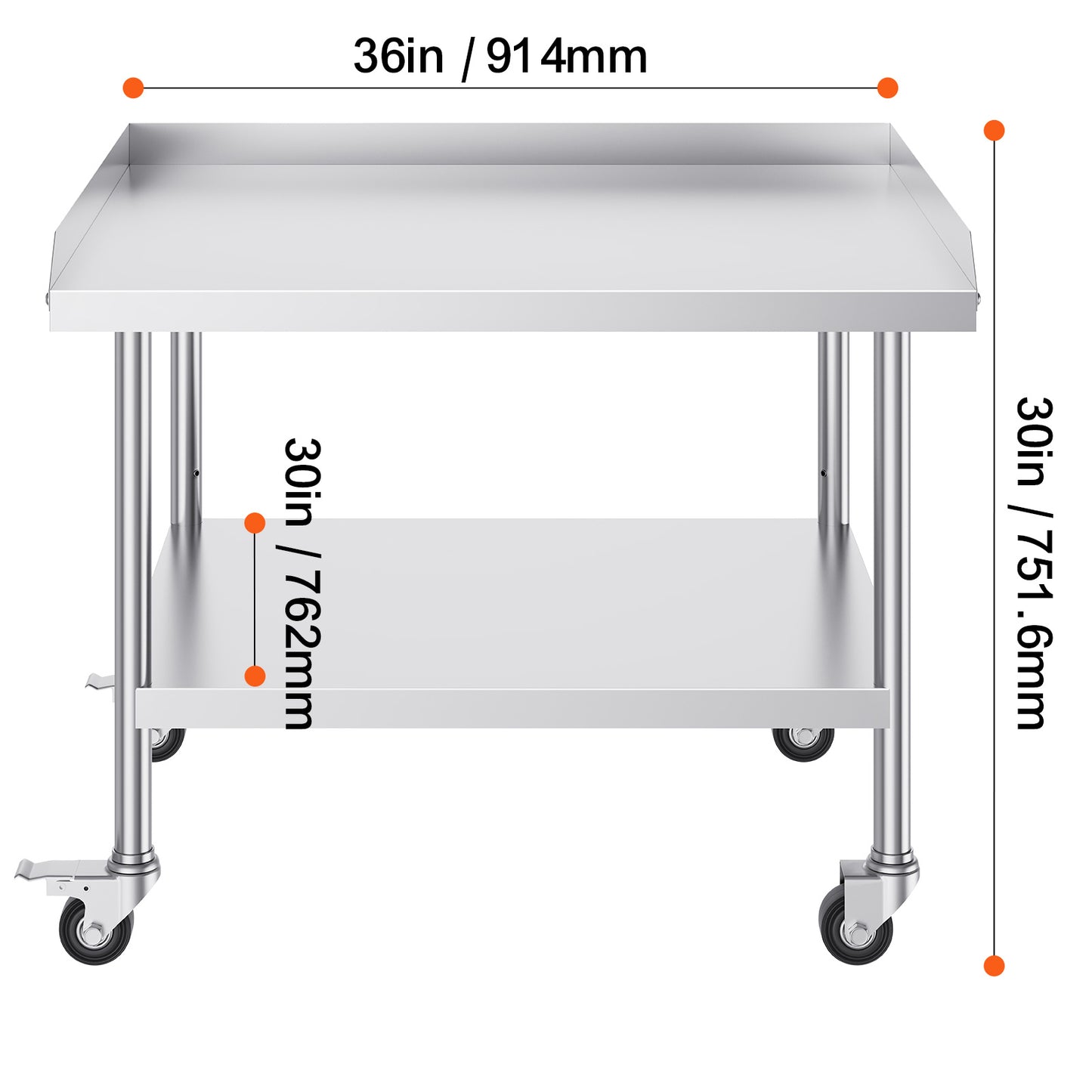 RVS Werktafel – Werkbank – Keukentafel – Werkruimte Tafel – Werkblad – 76x91x76 cm – 0,8 mm Roestvrij Staal – 4 Zwenkwielen Met Rem