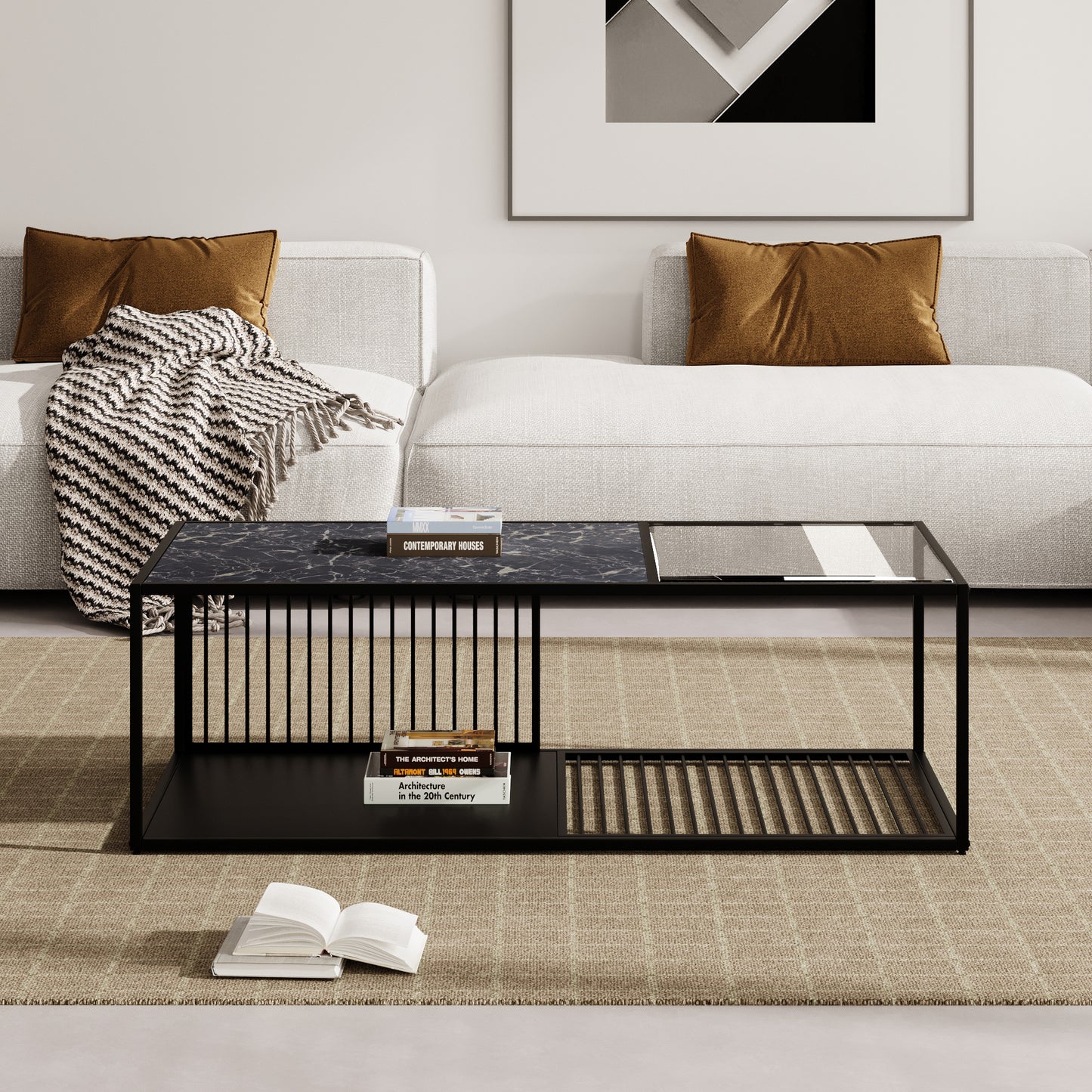 BTM Coffee Table, Wrought Iron Coffee Table with Glass, Large Storage Space