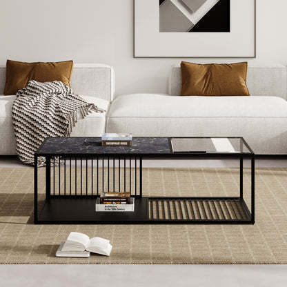 BTM Coffee Table, Wrought Iron Coffee Table with Glass, Large Storage Space