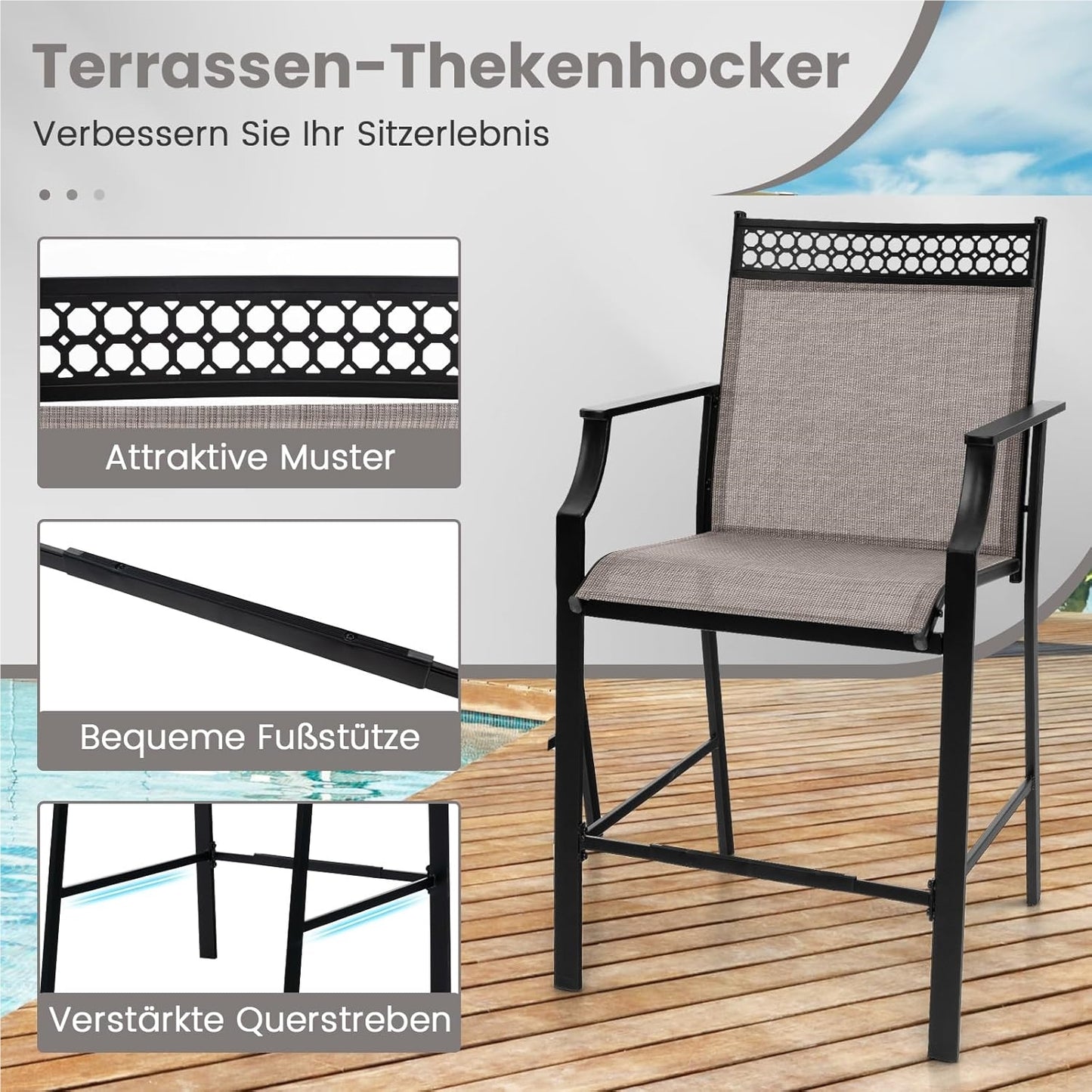 Tuinstoelen – Terrasstoelen – Buitenstoelen – Balkonstoelen – Hooge Stoelen – Sneldrogende Stof – Stevig Metalen Frame – Max. 180 kg Belastbaar – Set van 2 – Koffiekleur