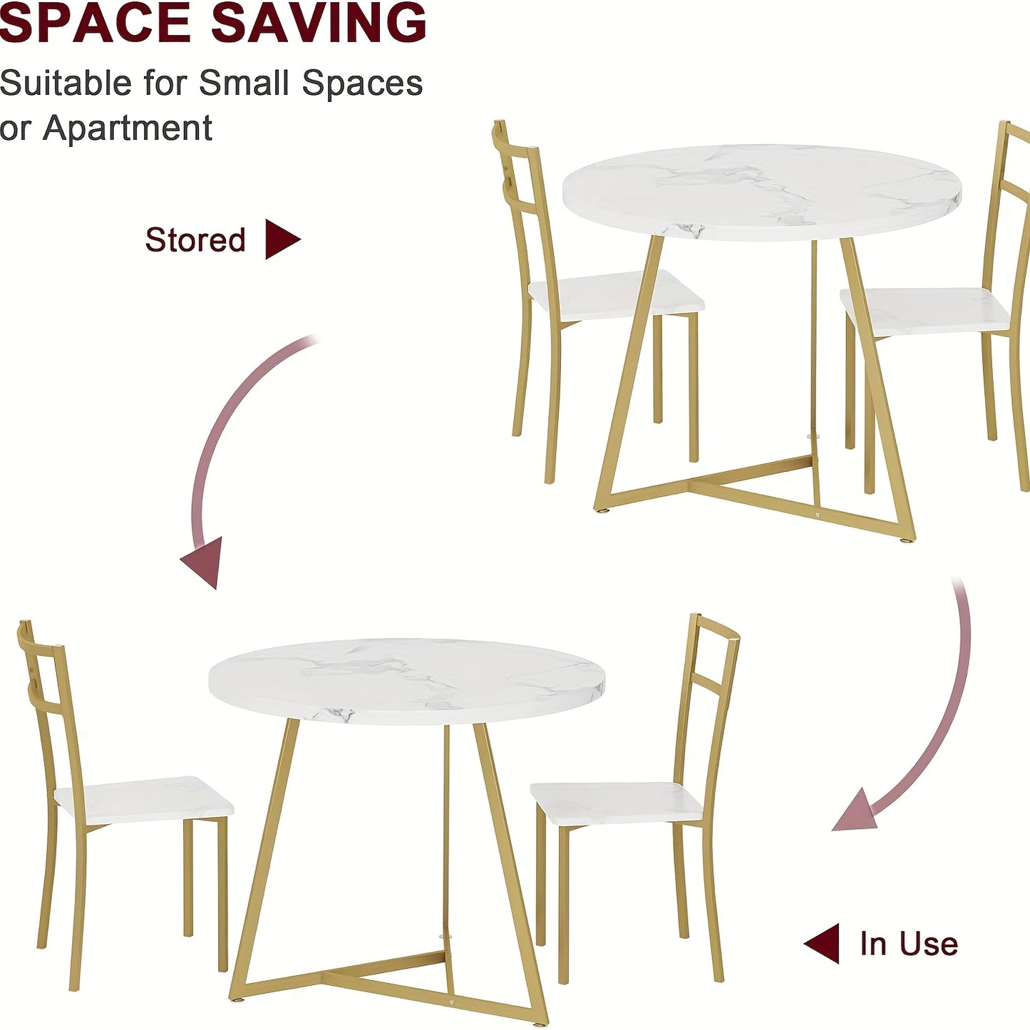 Eettafelset – Eethoek – Keukentafelset – Zitgroep – Tafel en Stoelen – Ronde Tafel Ø 80 cm – Wit Marmerlook Met Goud Metaal – Ruimtebesparend Compact Design – Makkelijk Schoon Te Maken