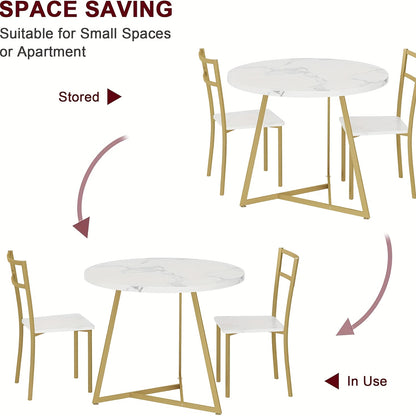 Eettafelset – Eethoek – Keukentafelset – Zitgroep – Tafel en Stoelen – Ronde Tafel Ø 80 cm – Wit Marmerlook Met Goud Metaal – Ruimtebesparend Compact Design – Makkelijk Schoon Te Maken