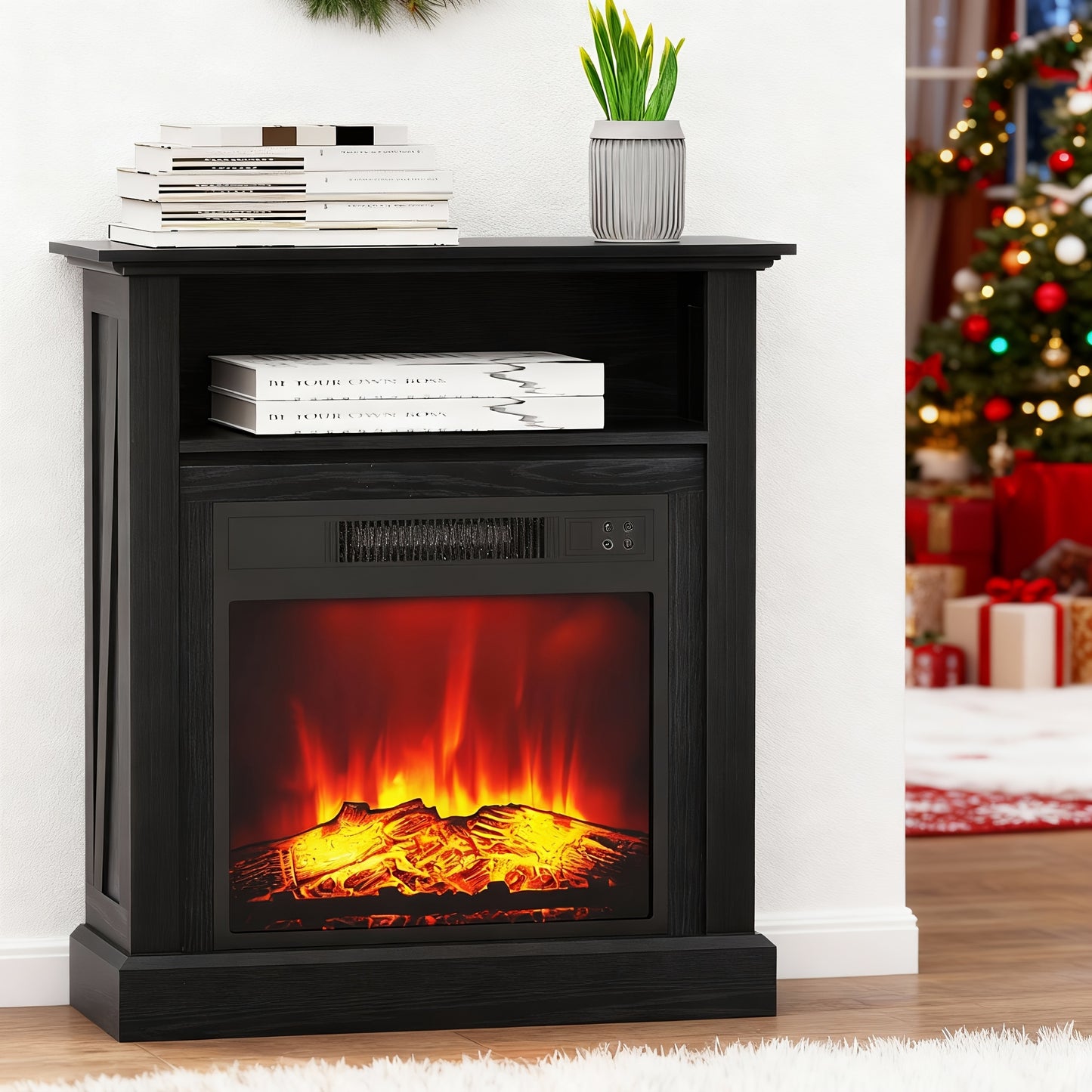 Elektrische Haard – Vuurtafel – Haardkachel – Sfeerkachel – Vuurkorf – Realistisch 3D Vlammenbeeld – Verwarming 1800-2000W voor 30 m² – Vrijstaand Zwart Met Mantel